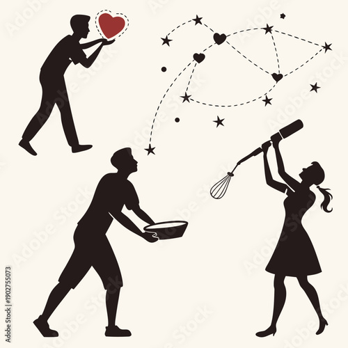 valentine's day Dynamic black silhouettes of couples in love and sports action vector art.