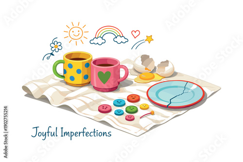 Joyful Breakfast Flat Icon Set. Featuring Mugs, Buttons, Cracked Plate, Eggs, Sun, Rainbow, and Star
