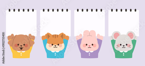 Set of cartoon animal characters with empty paper frames for text