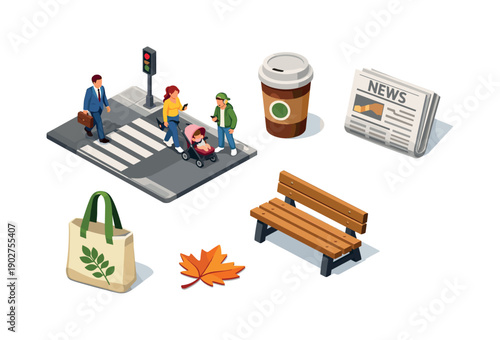 Crosswalk, coffee, bench, newspaper, tote bag, and leaf illustration