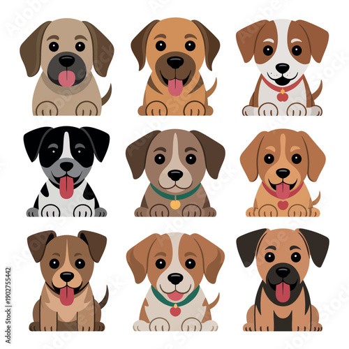 A group of adorable cartoon puppies with different breeds and colors sitting together.