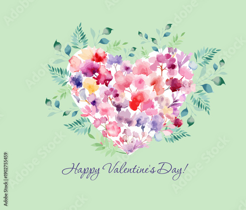 Heart of watercolor flowers. Happy Valentine s Day. Hand drawn. Not AI, vector illustration.