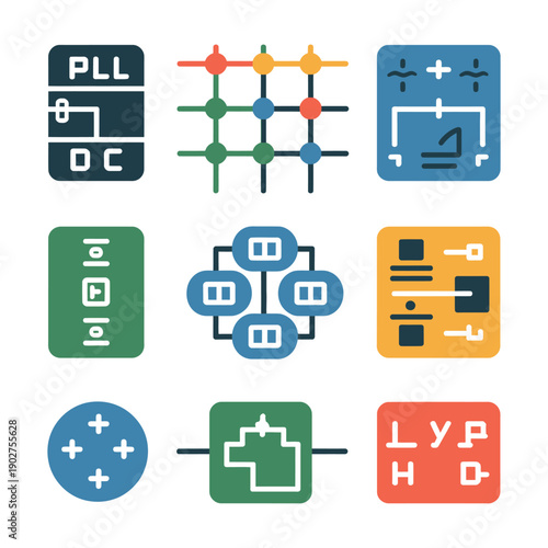 A collection of colorful technical icons for electronic circuits and digital systems on a white background