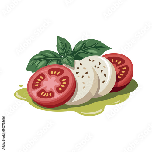 A vibrant illustration of sliced tomatoes and mozzarella cheese with fresh basil leaves on a white background