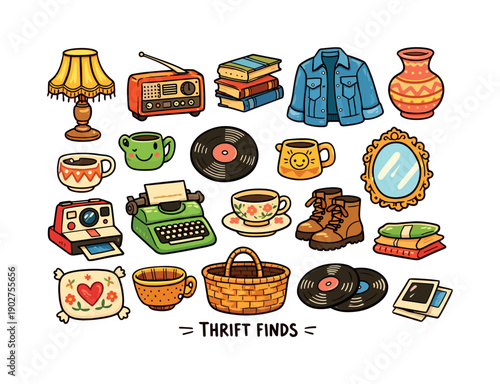 Thrift Finds flat icon set. Featuring lamp, radio, books, jacket, vase, mugs, vinyl, mirror, camera, typewriter