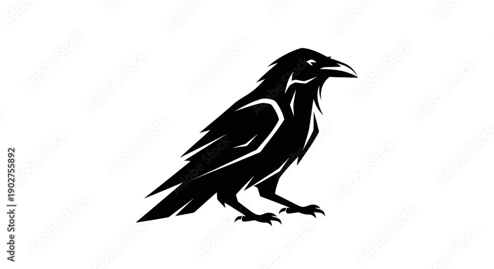 Obraz premium Black raven silhouette on white background