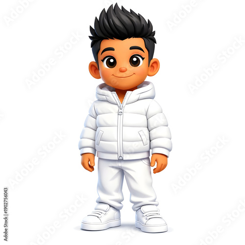 Cartoon Character with large eyes and  dark hair wearing white puffer jacket and pants and sneakers