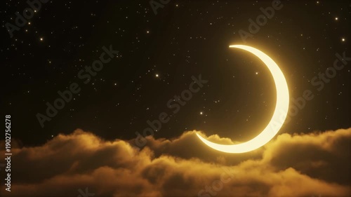 Golden crescent moon peeking through soft, ethereal clouds under a starry night sky
