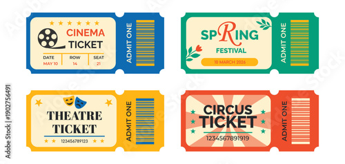 Set of event tickets of a film, movie, theater, carnival, circus and festival in bright colors. Spring festival ticket. Vector mockup coupons in modern bright design.