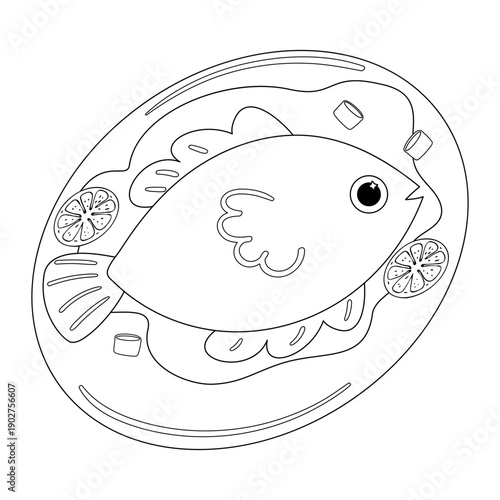 Outline illustration of a whole cooked fish on a plate with lemon slices, coloring book style. This top-down view. Ideal for kids activities, or menu design
