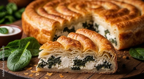 Banitsa – a traditional Bulgarian layered pie with a filling of cheese, spinach, pumpkin or meat on a wooden board with fresh herbs.