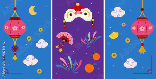 Fotografie Chinese New Year three panel illustration set with lanterns, Lion Dance and cultural symbols
