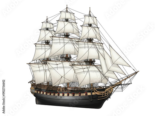 Historical sailing ship with multiple masts isolated on transparent background