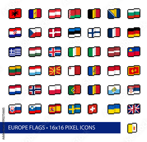 Europe Flags 16x16 Pixel Art Icons — Vector Set for UI, Games and Web. 40+ pictograms are simplified, stylized, abstract pixel interpretations of flag designs in common use as of 2026.