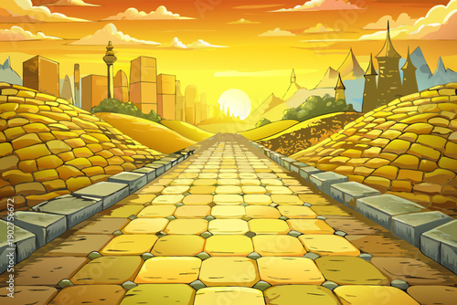 Beautiful cobblestone path glowing yellow in sunlight leading toward charming city at sunrise sun rising behind mountains creating warm peaceful scenic atmosphere