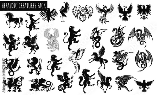 Heraldic Creatures Silhouettes: An array of detailed silhouettes of heraldic creatures, perfect for adding a touch of classic elegance. This set includes mythical beasts.
