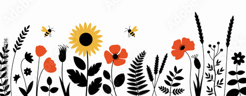 Horizontal wildflower border with black floral silhouettes and yellow meadow flowers, honey bees isolated, decorative nature design, botanical illustration, spring garden background banner