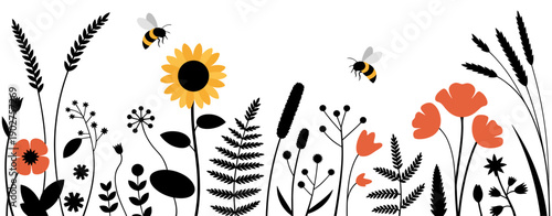 Horizontal wildflower border with black floral silhouettes and yellow meadow flowers, honey bees isolated, decorative nature design, botanical illustration, spring garden background banner