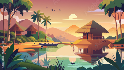 Very beautiful rural Benin landscape featuring a straw hut beside a calm lake, reflecting peaceful village life and harmonious connection between people and nature.