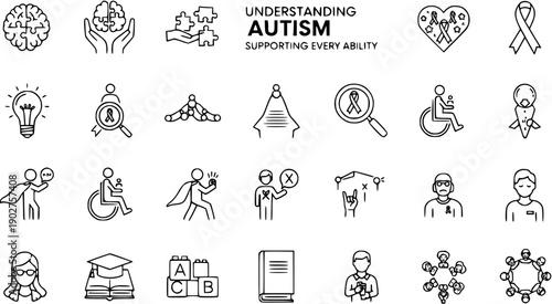 Autism Awareness  Support Line Art Icons Set - Neurodiversity, Disability, Education  Community Symbols