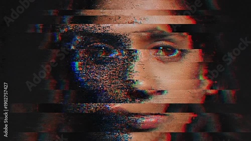 Distorted face of young woman with digital glitch effects. Close-up of female subject with horizontal data corruption and pixelated artifacts
