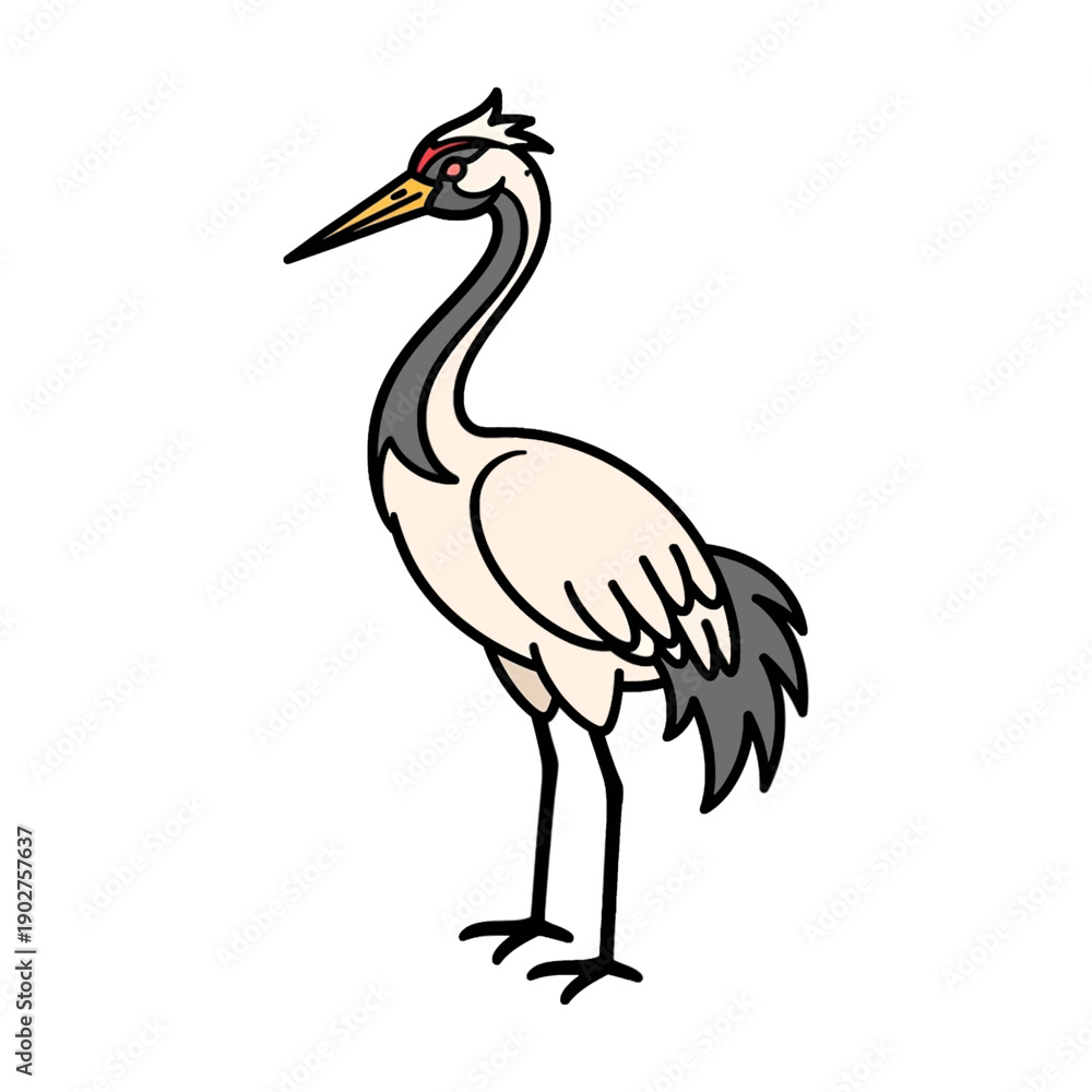 Naklejka premium Cartoon illustration of a white crane bird with a long grey neck, black legs, and a yellow beak, standing on a white background.