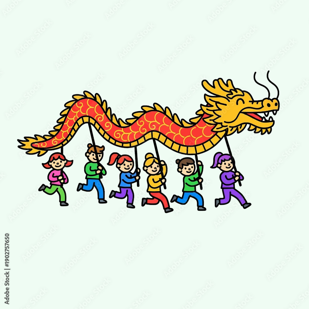 Obraz premium Children performing a traditional Chinese dragon dance, holding up a long, colorful dragon costume in a festive parade.
