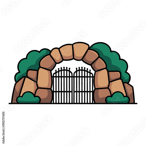 A cartoon illustration of a stone archway with a metal gate and green foliage