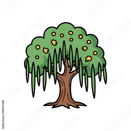 A cartoon illustration of a tree with green leaves, yellow fruits, and long drooping branches.