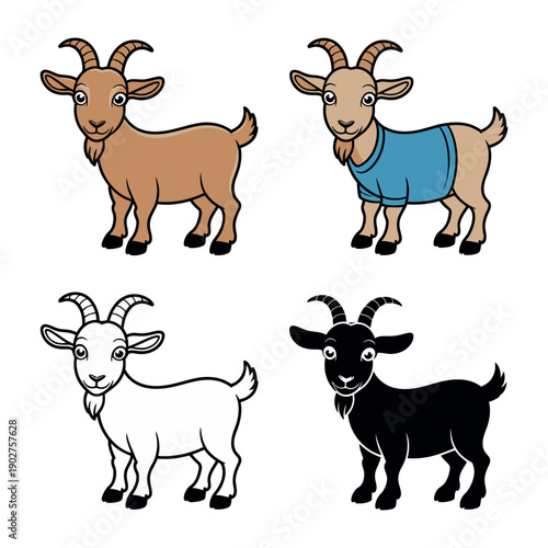 A colorful illustration of four cartoon goats in different colors and styles on a white background