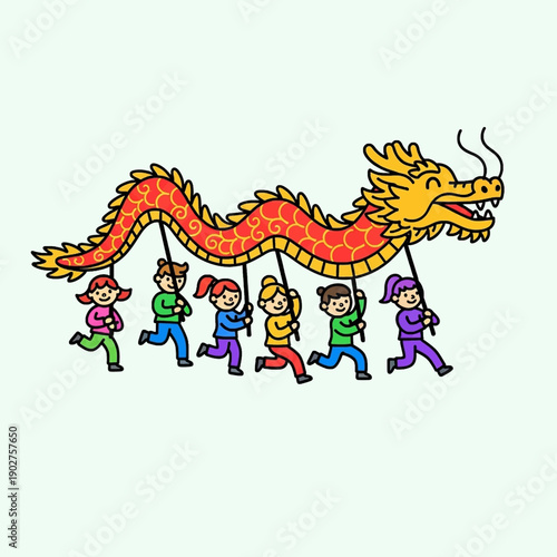 Children performing a traditional Chinese dragon dance, holding up a long, colorful dragon costume in a festive parade.