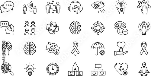 Outline Vector Icons Set: Communication, Brain, Mental Health, Social Support, and Abstract Concepts