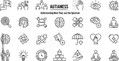 Autism  Neurodiversity Awareness Line Icons: Understanding the Spectrum, Communication, Sensory Experience, Brain, and Mental Health