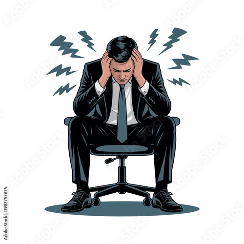 A stressed businessman sitting in an office chair with his hands on his head, experiencing frustration and anxiety.