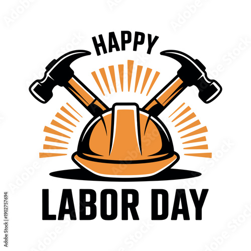 A graphic illustration celebrating Labor Day with a hard hat and crossed hammers