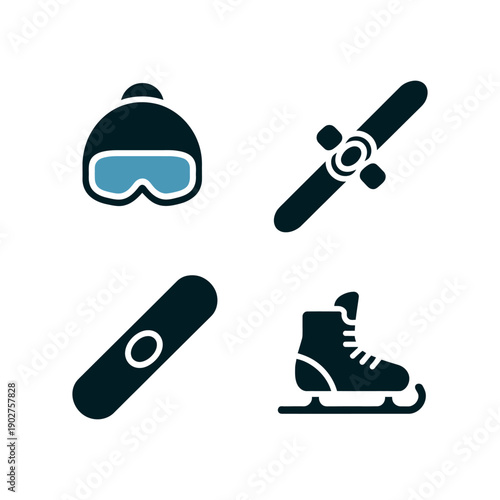 A set of winter sports icons including a ski helmet, snowboard, ice skates, and goggles on a white background.