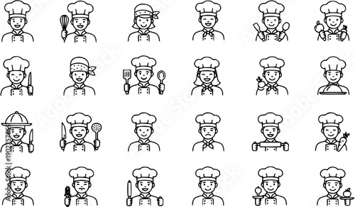 Chef Icon Set: Diverse Collection of Culinary Professionals and Utensils