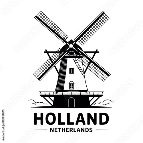 A black and white illustration of a traditional Dutch windmill in Holland, Netherlands, with a bold logo.