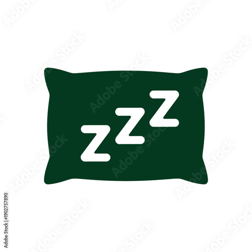 A dark green pillow with white zzz letters on a plain white background for sleep and relaxation themes