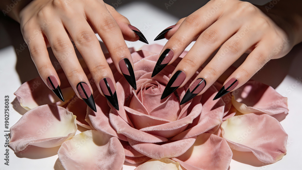Fototapeta premium Elegant black manicured nails resting on pink rose petals 