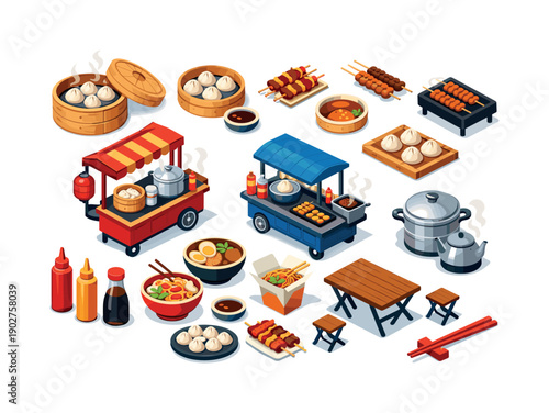 Featuring Dumplings, Noodles, Skewers, Carts, Sauces, and Table Setup