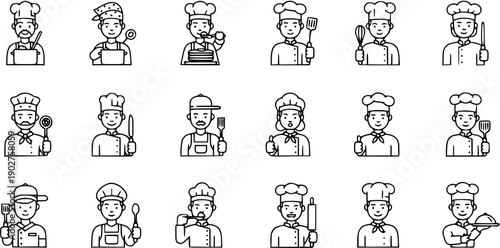 Diverse Chefs Icon Set: Male and Female Professionals in Culinary Roles with Utensils