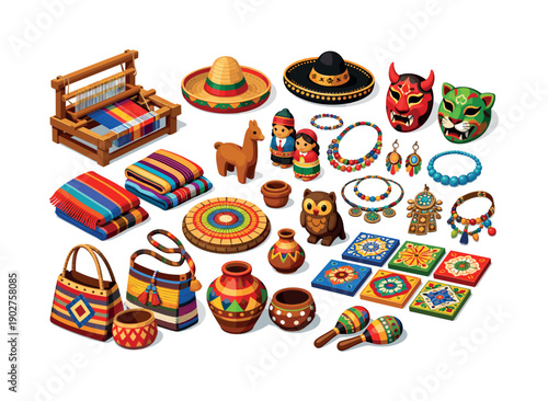 Mexican Culture Icon Set. Featuring Sombrero, Poncho, Maracas, Pottery, Jewelry, Mask, and Handicrafts