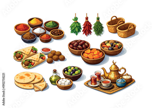 Middle Eastern Food Flat Icon Set. Includes spices, herbs, breads, tea, olives, falafel, dates, and dried fruits