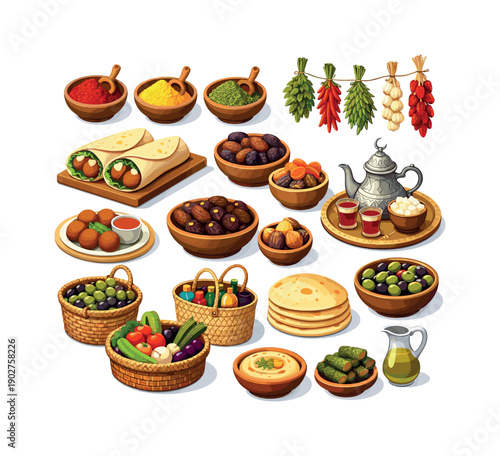 Middle Eastern Cuisine Icon Set. Includes spices, wraps, tea set, dates, olives, and bread