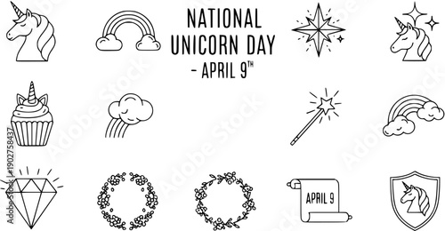Whimsical Unicorn Icons Collection for National Unicorn Day, April 9th - Kawaii Line Art Graphics