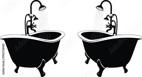 Black and white of two clawfoot bathtubs with shower heads clawfoot tub water bathroom