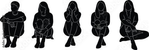 Black and white silhouettes of people sitting in various poses 1