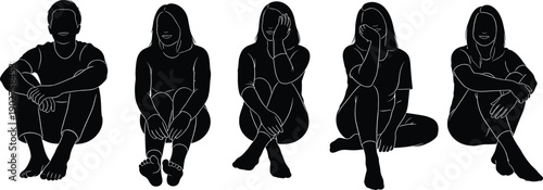 Black and white silhouettes of people sitting in various poses