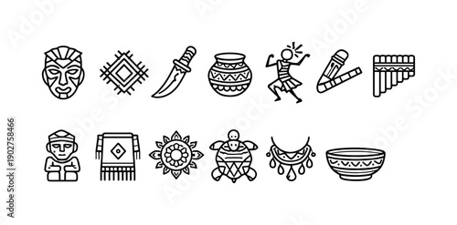 Native Culture Linear Icon Set. Includes mask, pattern, knife, pot, dancer, flute, statue, and bowl